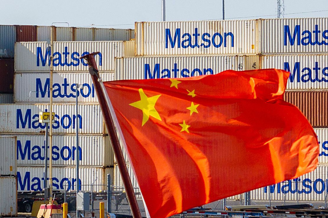 A Chinese flag flies from a ship at the Port of Oakland in Oakland, California, on April 15, 2025.