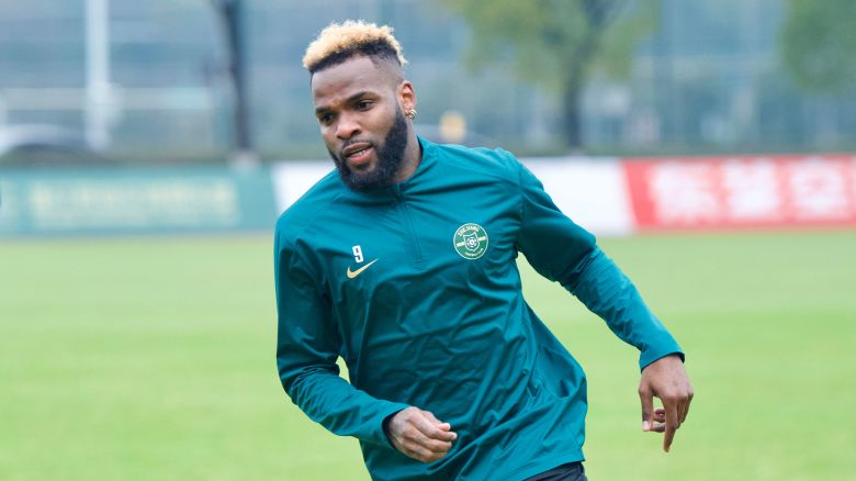 Aaron Boupendza attends a training session in Hangzhou, Zhejiang Province of China, on February 21, 2025 . Aaron Boupendza was signed to play for Zhejiang in the Chinese Super League in 2025. He has died after falling from the eleventh-floor of his apartment building.