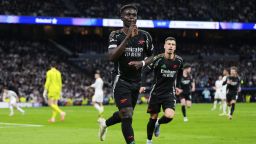 Arsenal's Bukayo Saka celebrates after scoring the opening goal against Real Madrid.
