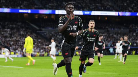 Arsenal's Bukayo Saka celebrates after scoring the opening goal against Real Madrid.