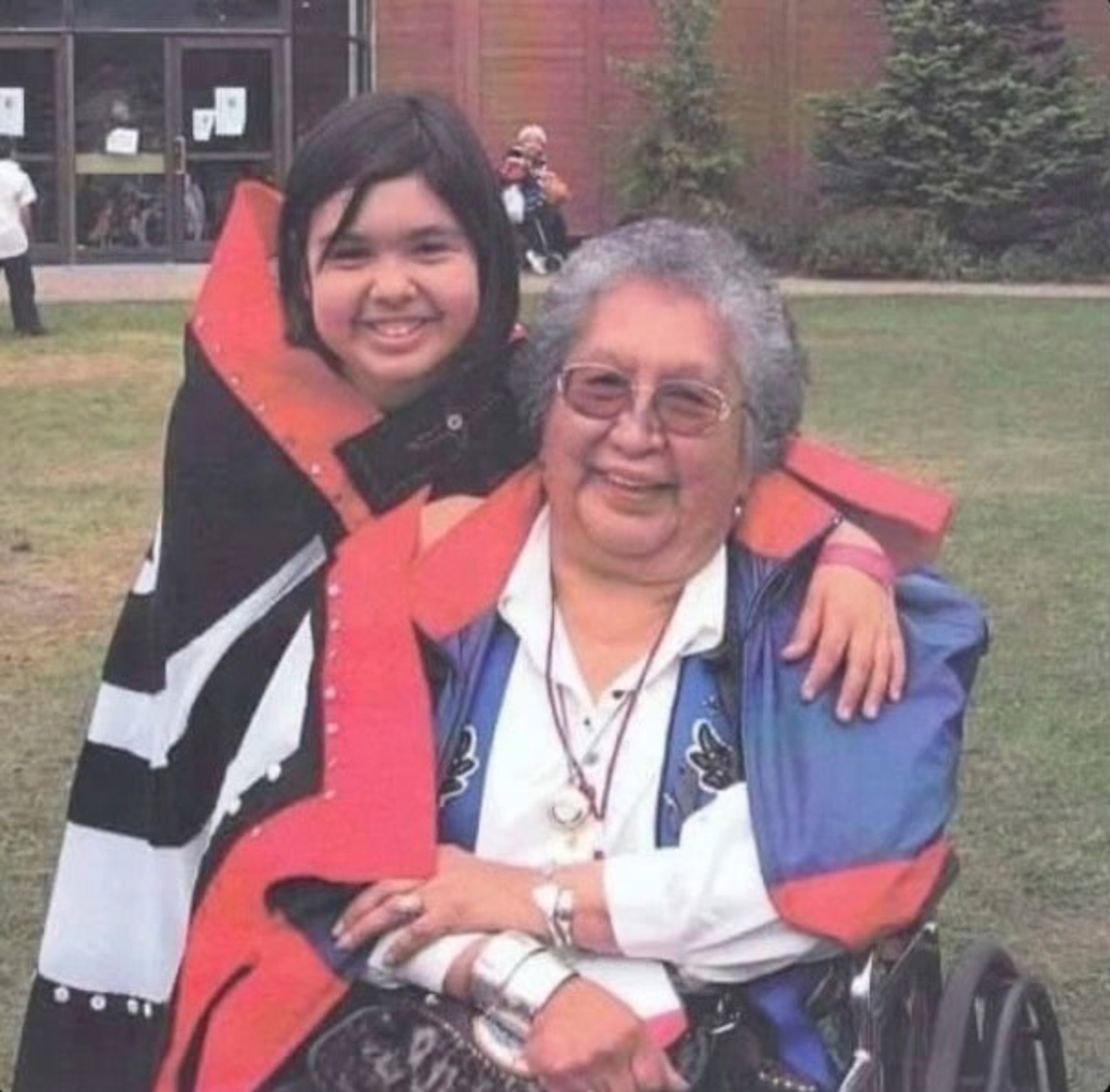 Roberta “Birdie” Sam poses with her grandmother Bessie Kitka in Juneau, Alaska, in this undated photo.