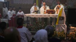 Christian Palestinians attend a special prayer for the late Pope Francis after the news of his death at age 88, at the Holy Family Church in the Old City of Gaza, Gaza City, Monday, April 21, 2025. (AP Photo/Jehad Alshrafi)