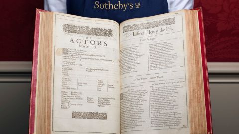 This photo issued by Sotheby's on Wednesday April 23, 2025, shows The First Folio of William Shakespeare, which contains 36 of the writer's plays, and is one of four folios which are due to go on sale at Sotheby's in London on May 23.