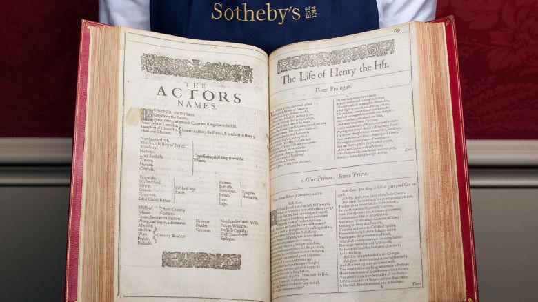 This photo issued by Sotheby's on Wednesday April 23, 2025, shows The First Folio of William Shakespeare, which contains 36 of the writer's plays, and is one of four folios which are due to go on sale at Sotheby's in London on May 23.