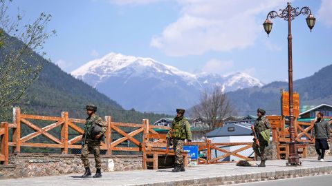 Security personnel patrol a street after militants indiscriminately opened fire on tourists near Pahalgam in Indian controlled Kashmir, Wednesday, April 23, 2025