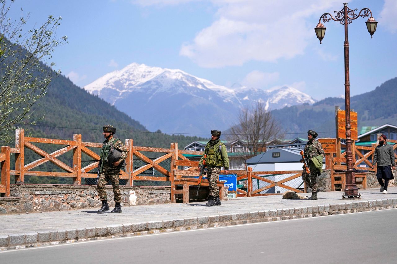Security personnel patrol a street the morning a reported attack on tourists near Pahalgam in Indian controlled Kashmir, on April 23.