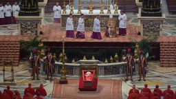 The body of Pope Francis lies inside St. Peter's Basilica at the Vatican, Wednesday, April 23, 2025, where he will lie in state for three days. (AP Photo/Andrew Medichini, Pool)