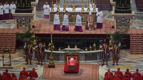 The body of Pope Francis lies inside St. Peter's Basilica at the Vatican, Wednesday, April 23, 2025, where he will lie in state for three days. (AP Photo/Andrew Medichini, Pool)