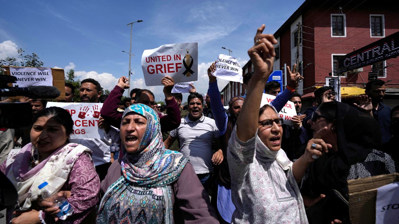 Jammu and Kashmir National Conference members attend a protest after tourists were killed, in Srinagar, Indian controlled Kashmir, on Wednesday, April. 23, 2025.
