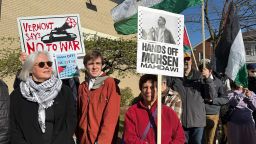 Protesters gather outside federal court in Burlington, Vermont, ahead of a hearing for Mohsen Mahdawi on Wednesday.