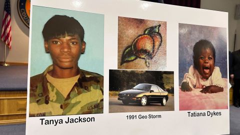 Nassau County police and prosecutors display photos of Tanya Jackson and Tatiana Dykes, whose remains were found near Long Island's Gilgo Beach, during a news conference, Wednesday, April 23, 2025, in Mineola, N.Y. (AP Photo/Philip Marcelo)