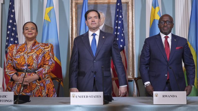 US Secretary of State Marco Rubio hosts a "Declaration of Principles" signing ceremony with Congo's Foreign Minister Therese Kayikwamba Wagner, left, and Rwanda's Foreign Minister Olivier Nduhungirehe, right, on Friday, April 25, 2025, at the US Department of State in Washington, D.C..