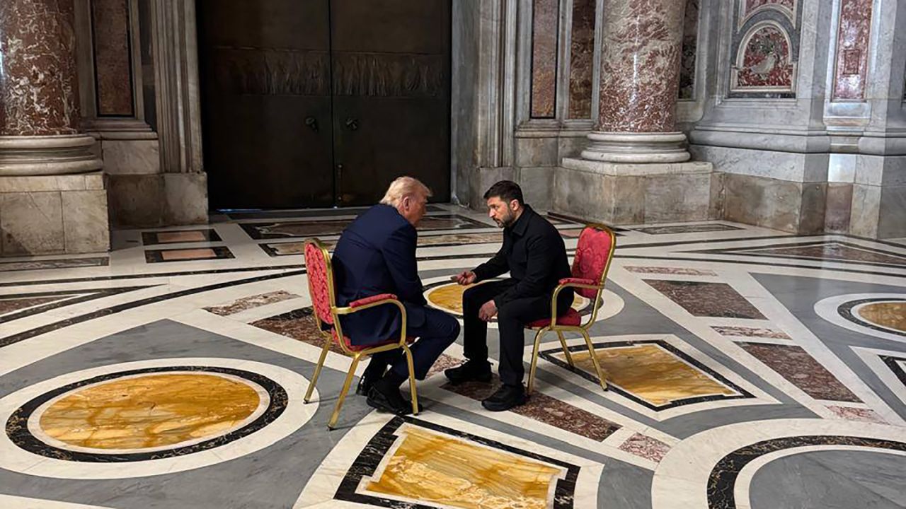 In this photo provided by the Ukrainian Presidential Press Office, Ukraine's President Volodymyr Zelensky, right, and President Donald Trump talk as they attend the funeral of Pope Francis in Vatican on April 26.