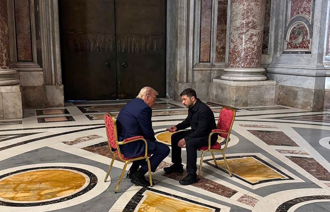 Ukraine's President Volodymyr Zelensky and US President Donald Trump meet while attending the funeral of Pope Francis in Vatican, Saturday, April 26, 2025.