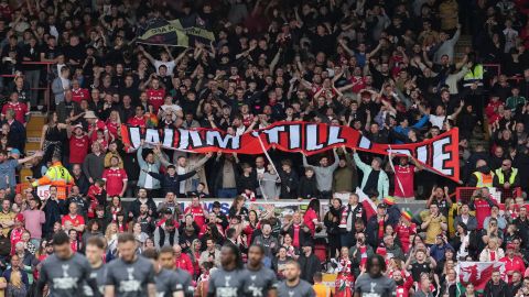 Wrexham fans support their team prior to the English League One soccer match between Wrexham and Charlton Athletic at the Racecourse ground in Wrexham, Wales, Saturday, April 26, 2025. (AP Photo/Jon Super)