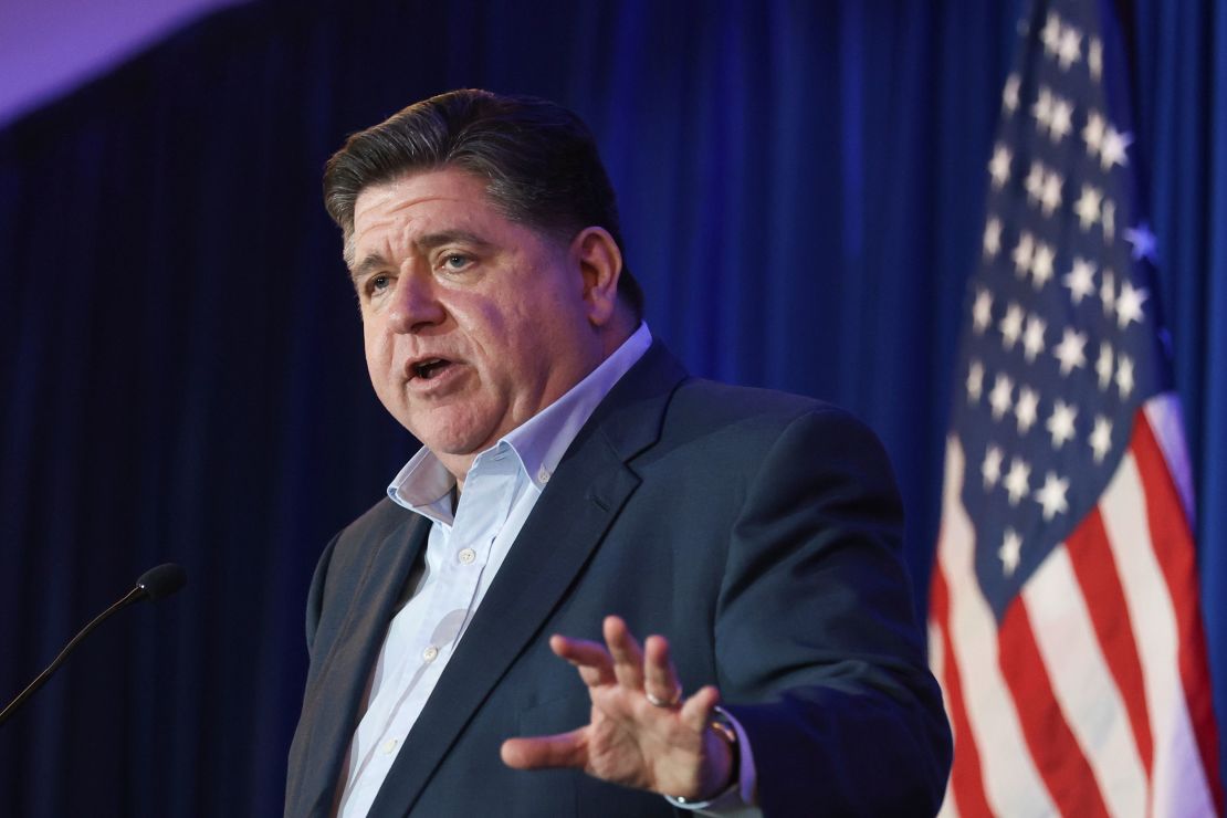 Illinois Gov. JB Pritzker speaks during a Democratic dinner on April 27, 2025, in Manchester, New Hampshire.
