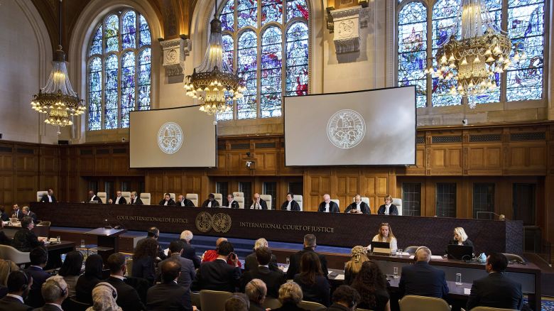 The International Court of Justice open hearings into a United Nations request for an advisory opinion on Israel's obligations to allow humanitarian assistance in Gaza and the West Bank, in The Hague, Netherlands, Monday, April 28, 2025. (AP Photo/Peter Dejong)