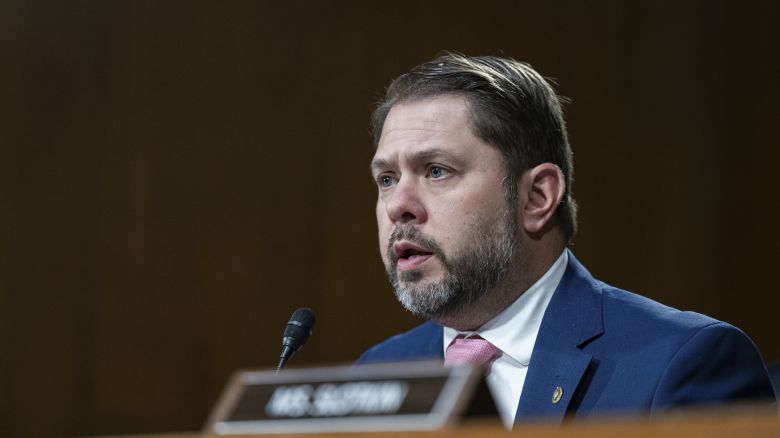 Senator Ruben Gallego (Democrat of Arizona) at a Senate Committee on Veterans' Affairs hearing in the Dirksen Senate office building in Washington, DC on Tuesday, April 29, 2025. (Photo by Annabelle Gordon/Sipa USA).(Sipa via AP Images)