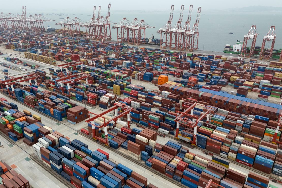 Shipping containers are ready for transport in China's Guangdong province on April 17.
