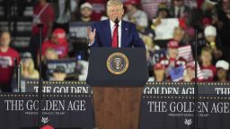President Donald Trump speaks on his first 100 days at Macomb County Community College Sports Expo Center, Tuesday, April 29, 2025, in Warren, Mich. (AP Photo/Paul Sancya)