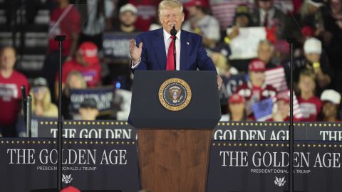President Donald Trump speaks on his first 100 days at Macomb County Community College Sports Expo Center, Tuesday, April 29, 2025, in Warren, Mich. (AP Photo/Paul Sancya)