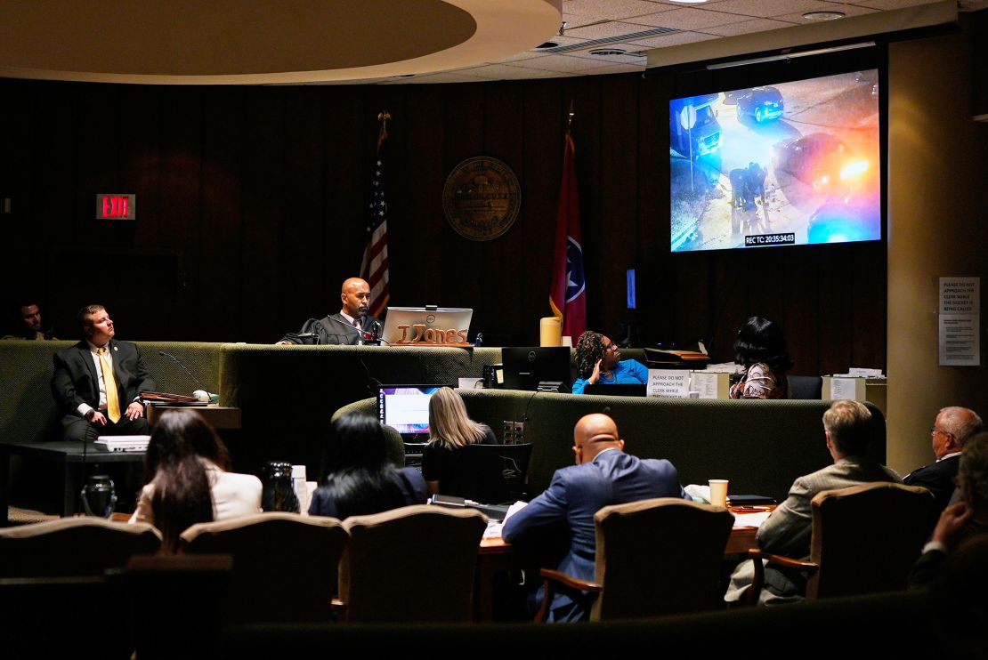 Tennessee Bureau of Investigations Special Agent Derek Miller, left, watches video evidence with members of the court during the trial of three former Memphis police officers accused in the 2023 death of Tyre Nichols, in Memphis, Tennessee, Wednesday, April 30, 2025.