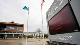 A sign outside Southwestern Public Health in St. Thomas, Ontario, Canada, on Tuesday, March 4, 2025, warns residents to call ahead before visiting a doctor or hospital if they think they have the measles. (Geoff Robins/The Canadian Press via AP)