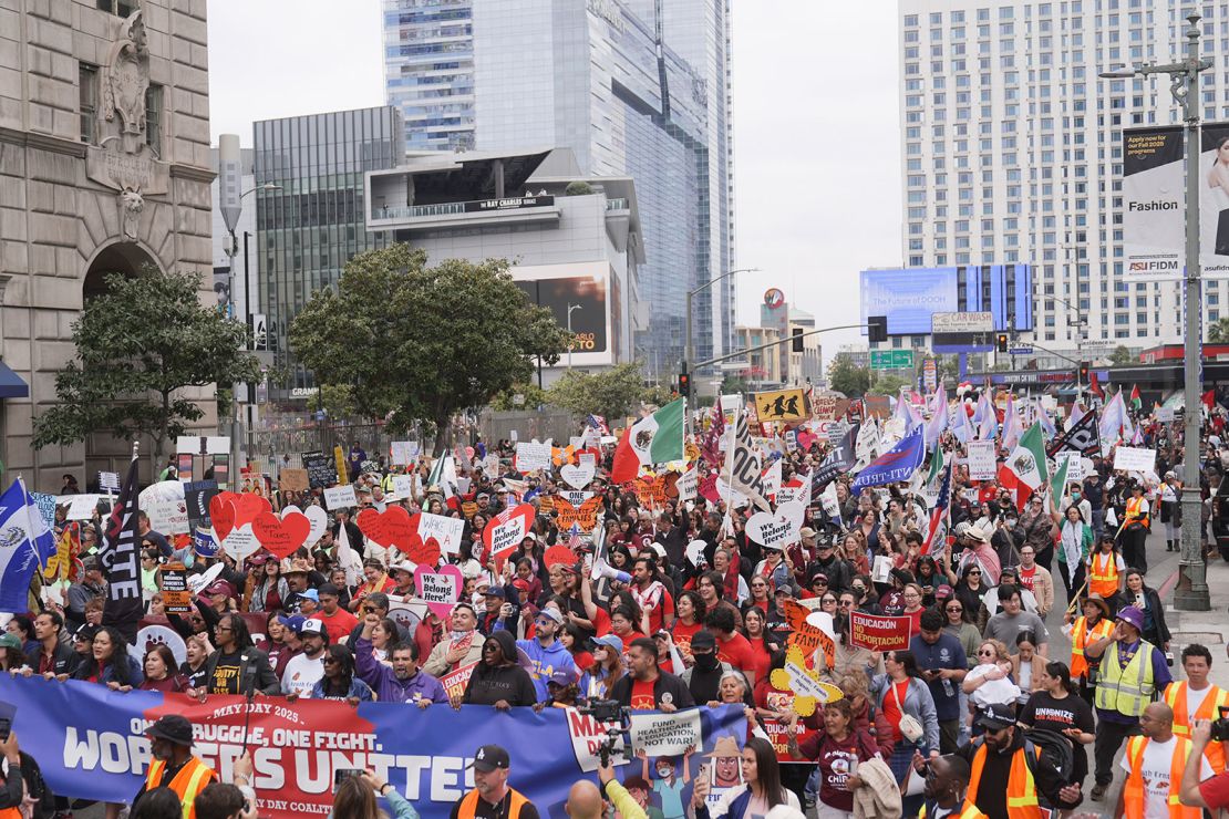 Demonstrators march in Los Angeles on Thursday during a protest on May.