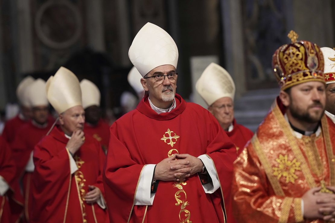 Cardinal Pizzaballa arrives in procession for a mass on the seventh of nine days of mourning for the late Pope Francis in St. Peter's Basilica last week.