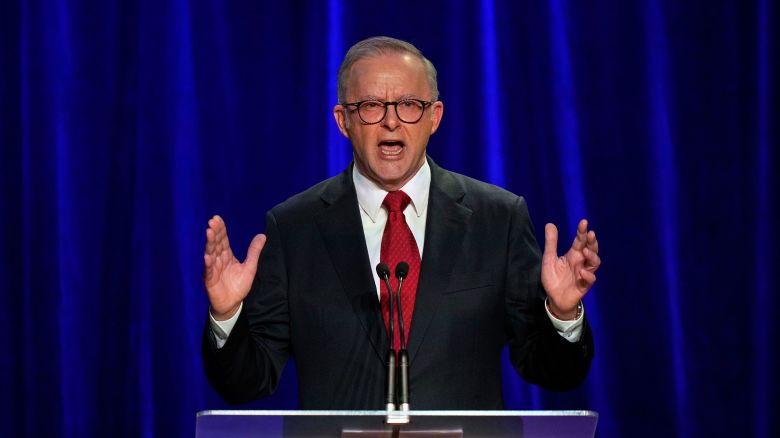 Australian Prime Minister Anthony Albanese speaks after winning a second term as Prime Minister in Sydney, on Saturday, May 3, 2025.