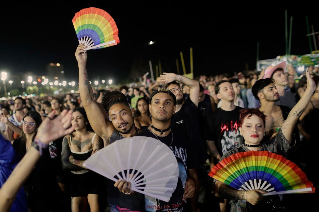 Fans cheer as they watch Lady Gaga perform on Copacabana Beach, in Rio de Janeiro, on Saturday, May 3, 2025.