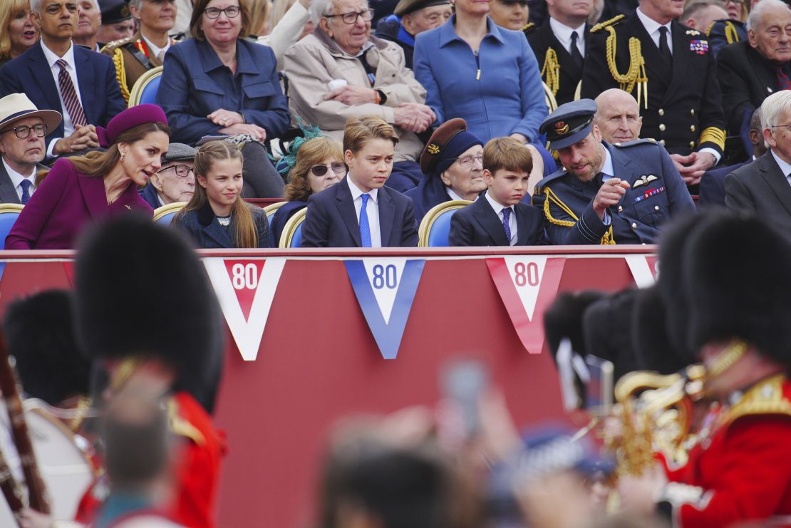 The Princess of Wales, Princess Charlotte, Prince George, Prince Louis, and the Prince of Wales watch the military procession at Buckingham Palace.