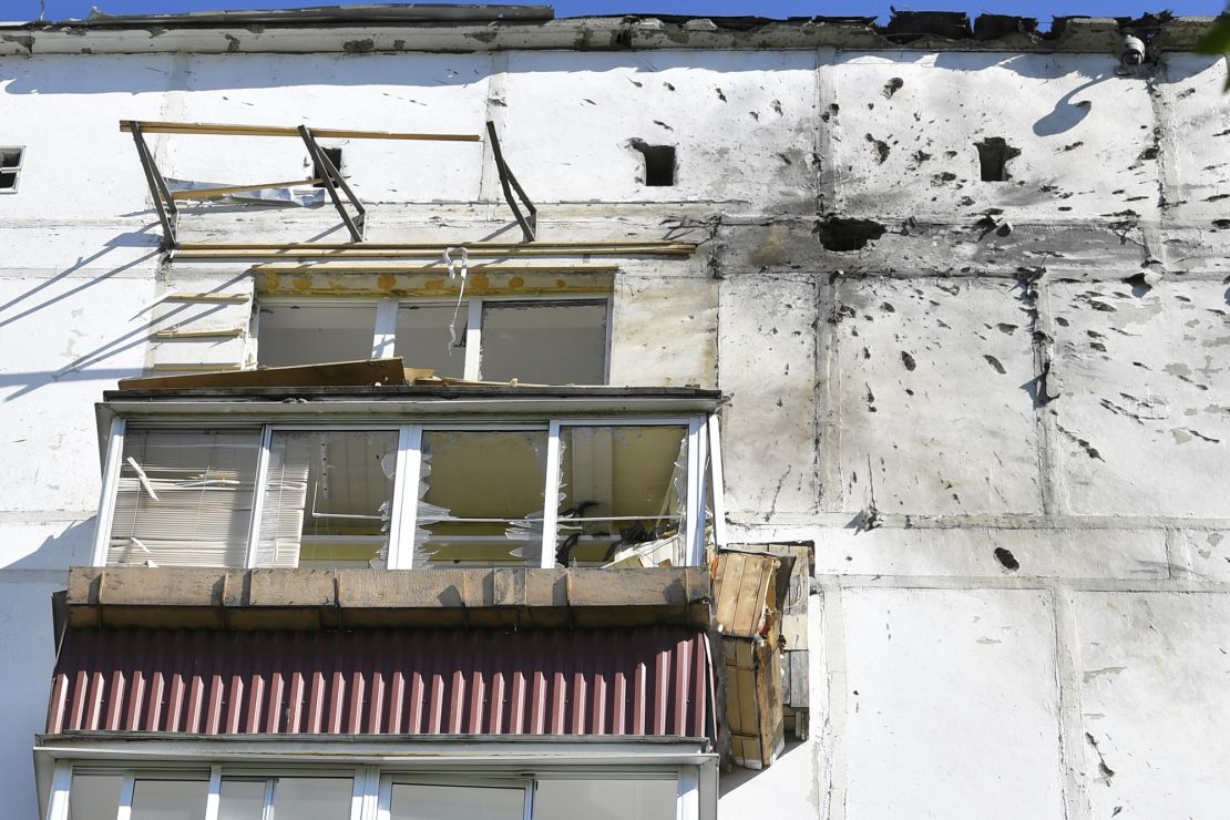 A photo shows an apartment building where a downed Ukrainian drone fell in Moscow on Tuesday.