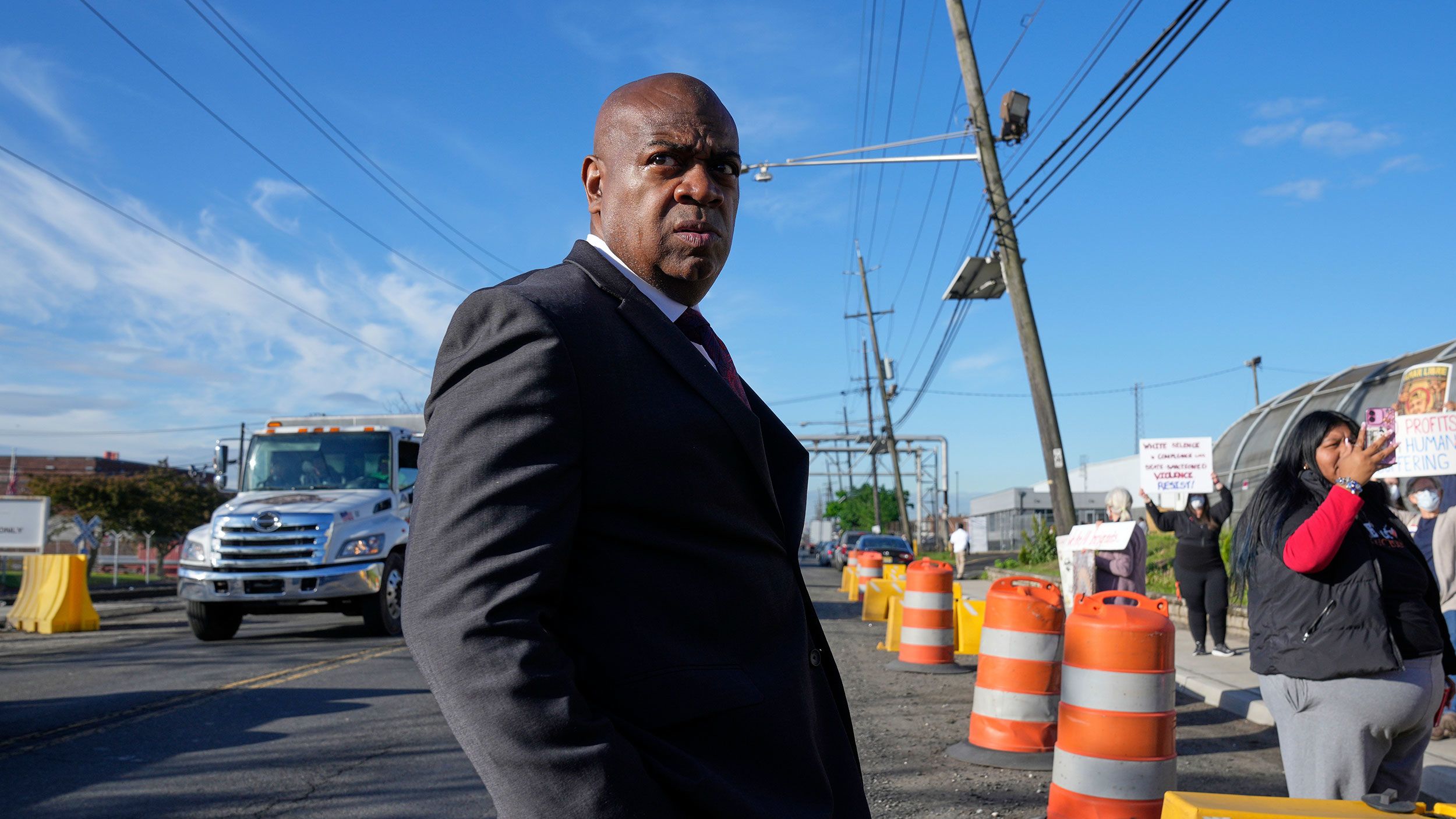 Newark Mayor Ras Baraka speaks to protesters outside of Delaney Hall, a recently re-opened immigration detention center, in Newark, N.J., Wednesday, May 7, 2025. (AP Photo/Seth Wenig)