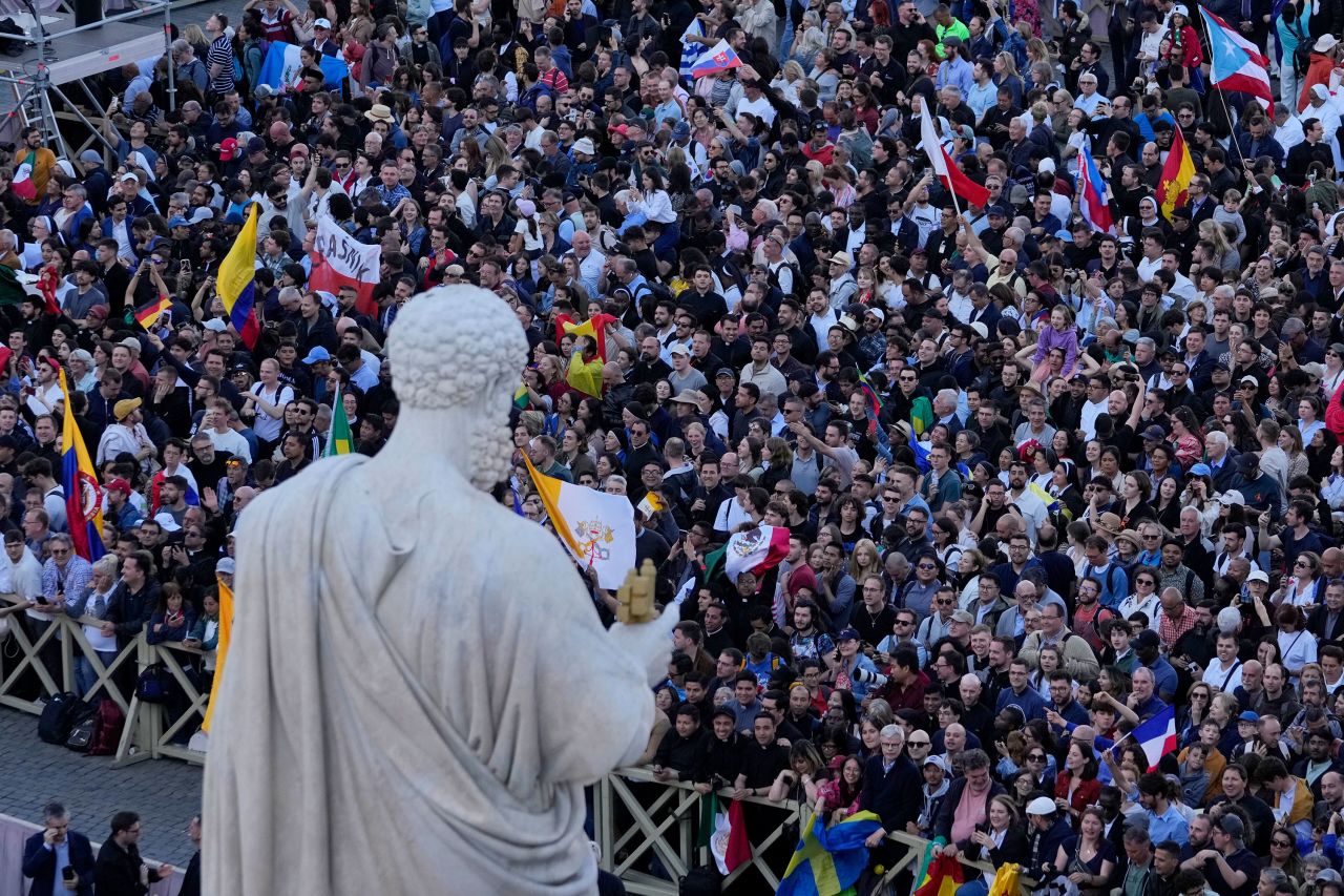 Crowds cheer in St. Peter's Square after the election of the 267th pope.