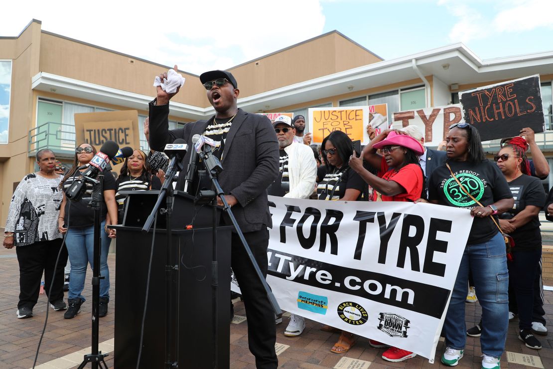 Kareem Ali addresses the crowd during a rally in honor of Tyre Nichols on May 8, 2025, in Memphis.