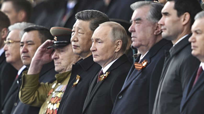 From second right: Turkmenistan President Serdar Berdimuhamedow, Tajikistan's President Emomali Rakhmon, Russian President Vladimir Putin and Chinese President Xi Jinpin watch the Victory Day military parade in Moscow, Russia, Friday, May 9, 2025, during celebrations of the 80th anniversary of the Soviet Union's victory over Nazi Germany during the World War II. (Sergei Bobylev/Photo host agency RIA Novosti via AP)