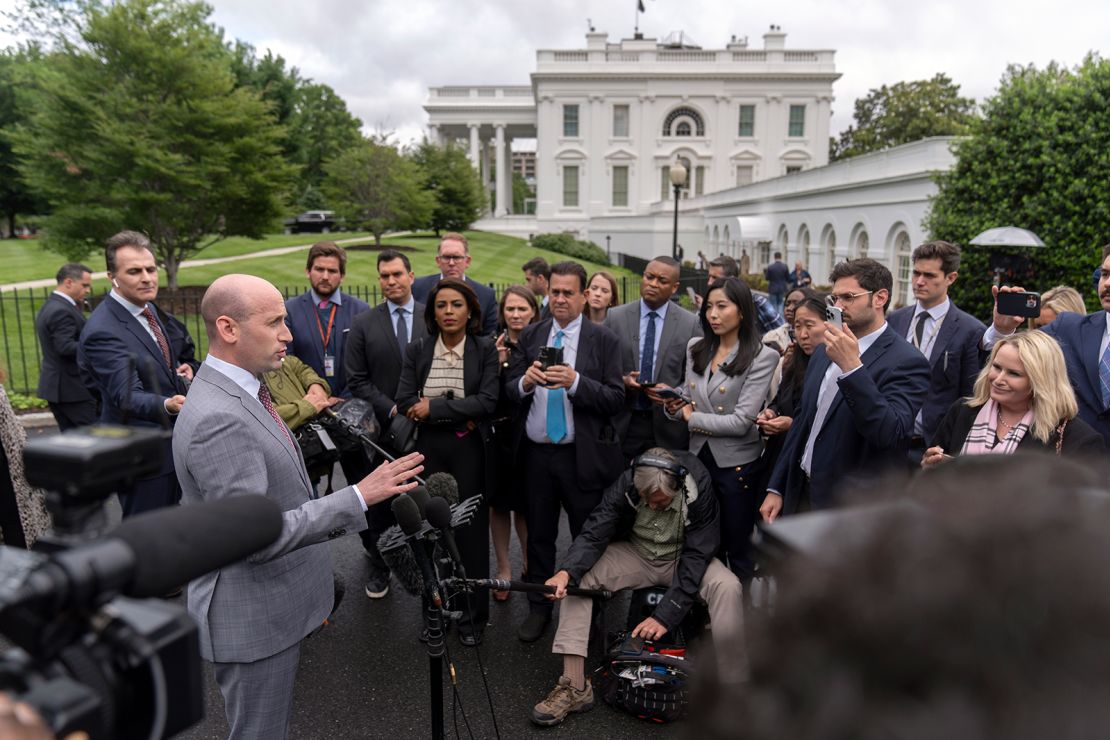 White House Deputy Chief of Staff Stephen Miller speaks to reporters outside the White House, Friday, May 9, 2025, in Washington.