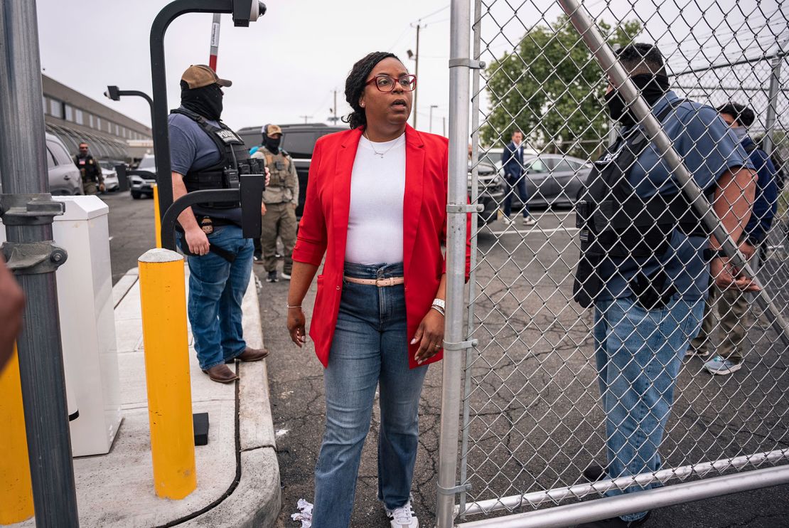 Rep. LaMonica McIver exits the grounds at Delancey Hall ICE detention prison, Friday, May 9, 2025, in Newark, N.J,