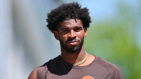 Cleveland Browns quarterback Shedeur Sanders (12) walks off the field after an NFL football rookie camp, Friday, May 9, 2025, in Berea, Ohio.