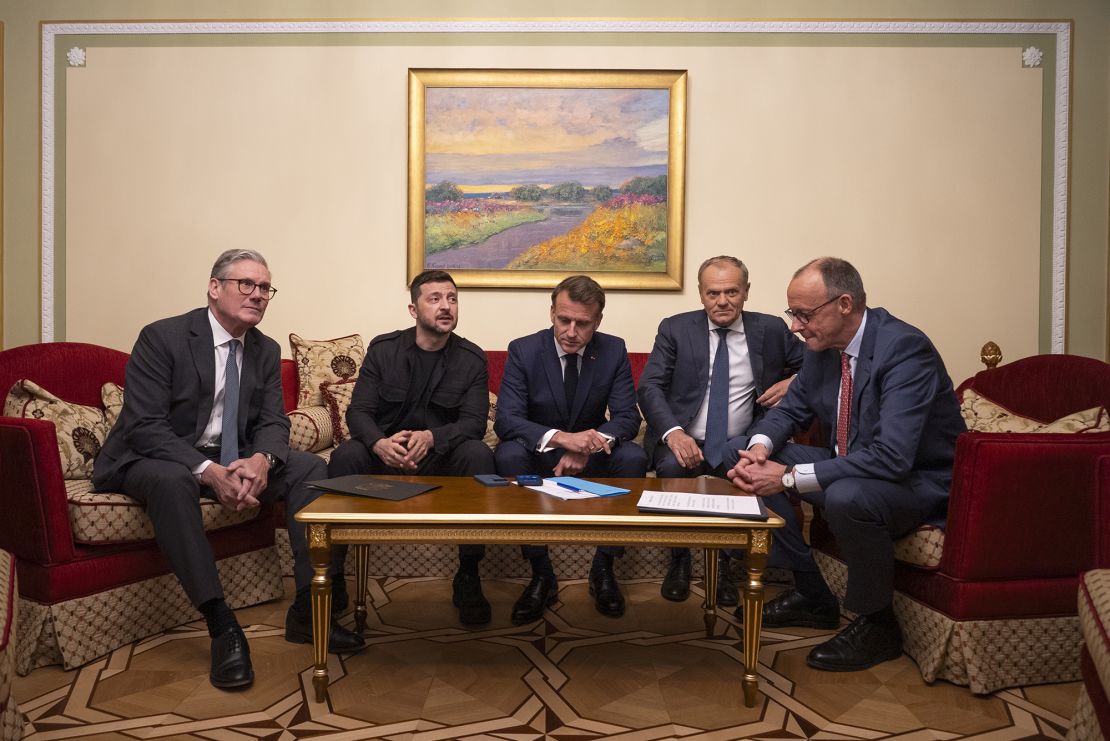 From left, UK Prime Minister Keir Starmer, Ukrainian President Volodymyr Zelensky, French President Emmanuel Macron, Polish Prime Minister Donald Tusk and German Chancellor Friedrich Merz make a call to US President Donald Trump from Kyiv, Ukraine, on May 10, 2025.