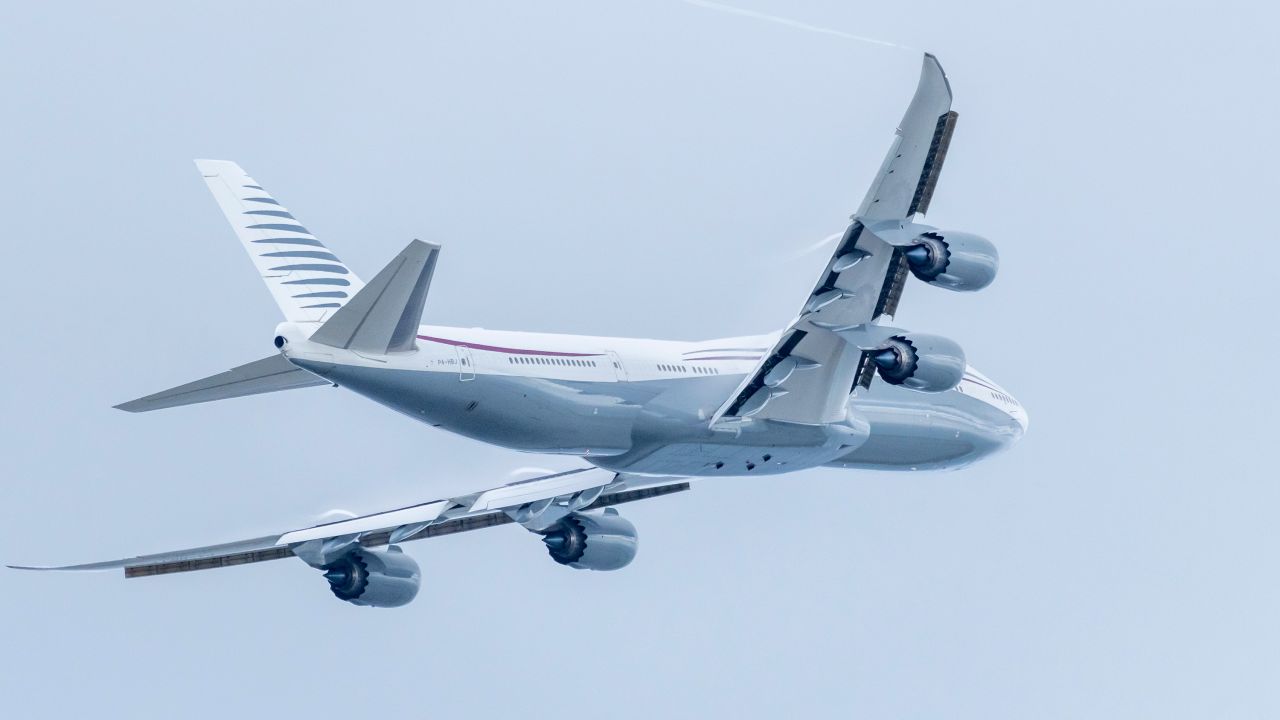 FILE - A 13-year-old private Boeing aircraft that President Donald Trump toured on Saturday to check out new hardware and technology features, and highlight the aircraft maker's delay in delivering updated versions of the Air Force One presidential aircraft, takes off from Palm Beach International Airport, Feb. 16, 2025, in West Palm Beach, Fla.