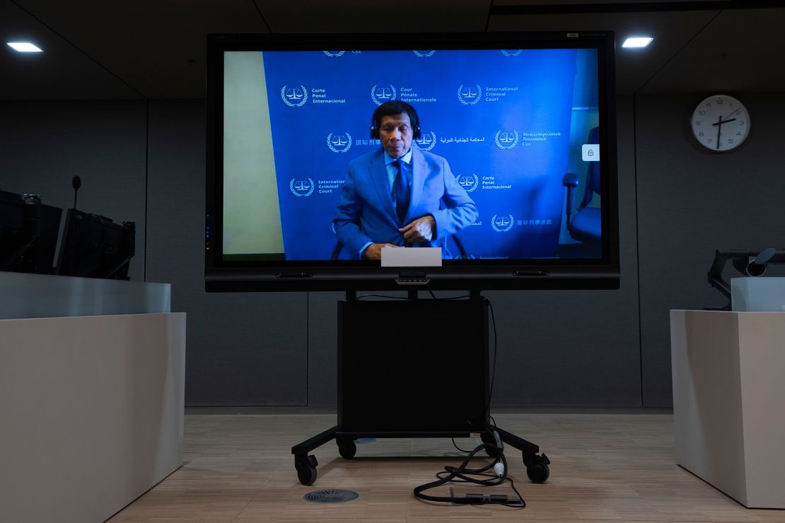 Duterte appears on a screen at the International Criminal Court (ICC) in The Hague, Netherlands on March 14, 2025.