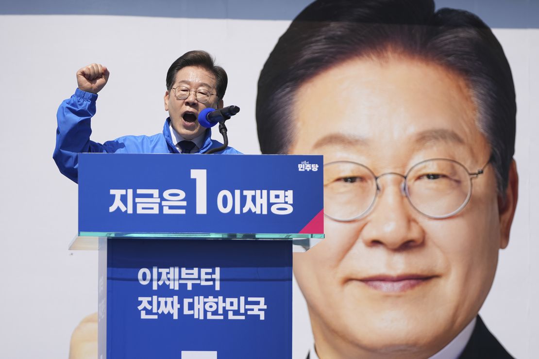 Lee Jae-myung, presidential candidate of the Democratic Party, speaks while campaigning in Seoul, South Korea, Monday, May 12, 2025. (AP Photo/Lee Jin-man)