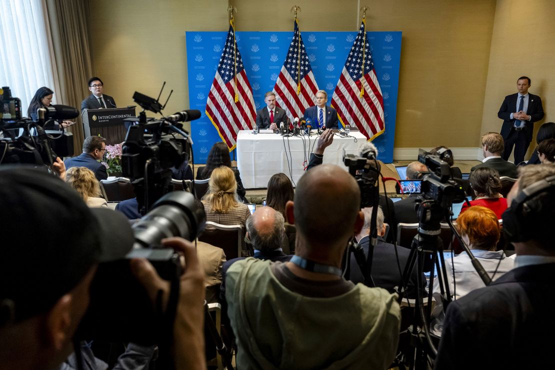 US Trade Representative Jamieson Greer, left, and Treasury Secretary Scott Bessent hold a news conference in Geneva on Monday following trade talks with Chinese officials.