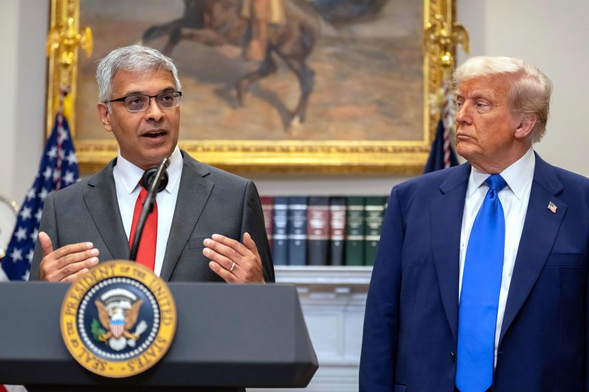 Dr. Jay Bhattacharya, director of the National Institutes of Health, speaks as President Donald Trump listens during an event at the White House this month.