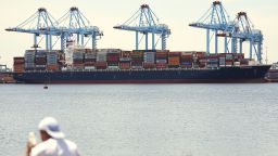 A container ship is moored at the port of the port of New York & New Jersey in Elizabeth, N.J., Monday May 12, 2025.