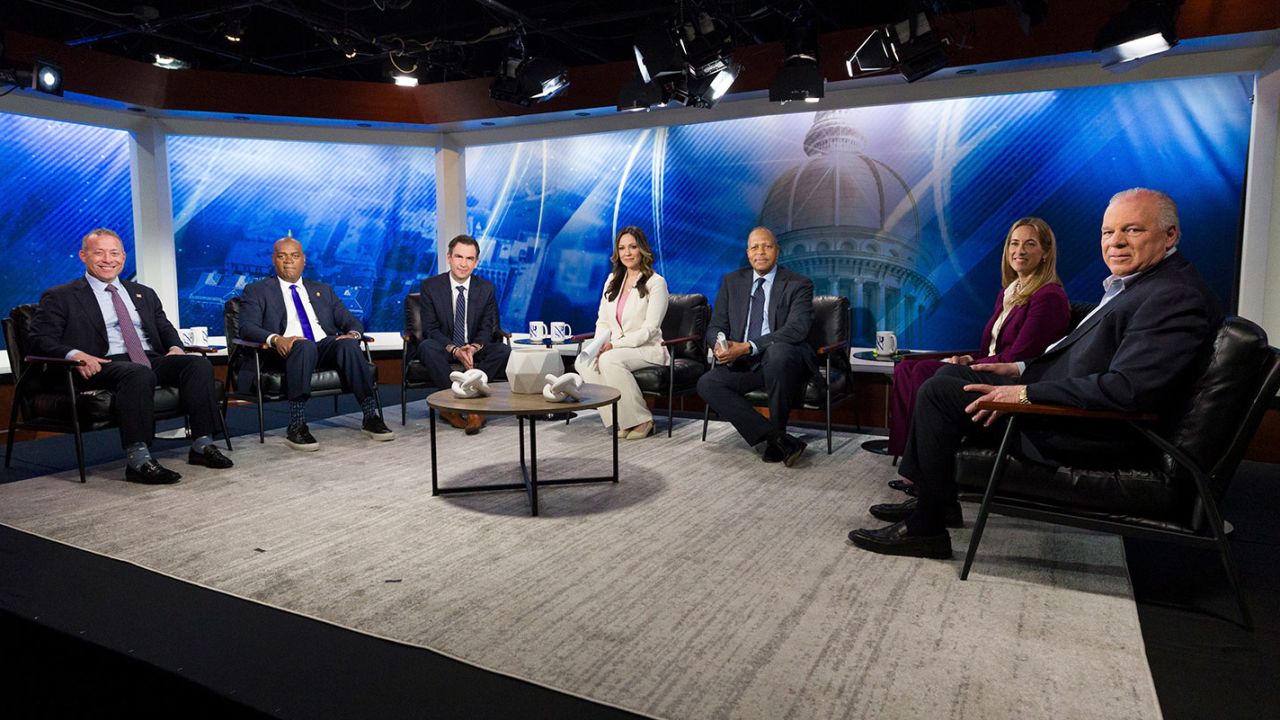 The six Democratic candidates for New Jersey governor participate in a primary debate on May 12, 2025, in Newark, N.J. (Steve Hockstein/NJ Advance Media via AP, Pool)
