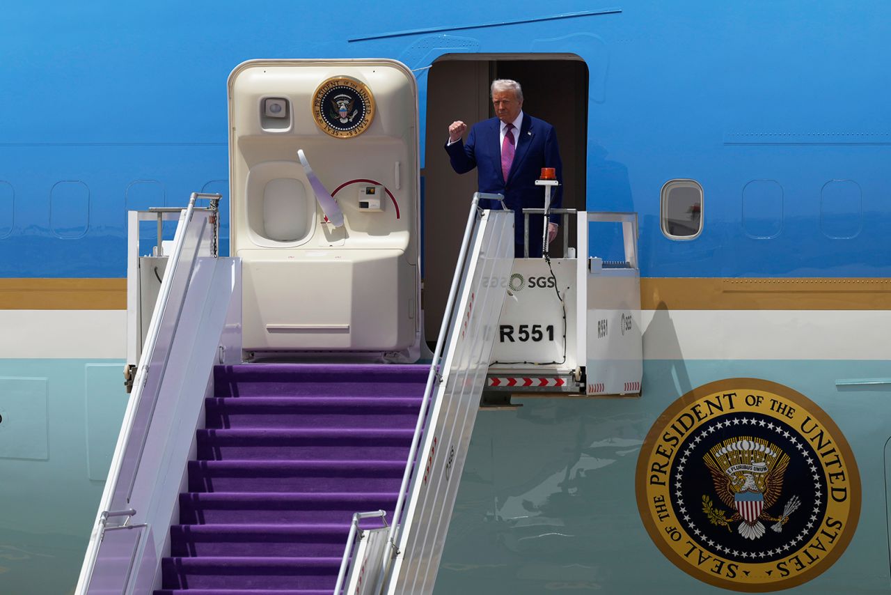 President Donald Trump arrives on Air Force One at King Khalid International Airport Royal Terminal in Riyadh, Saudi Arabia, on Tuesday.
