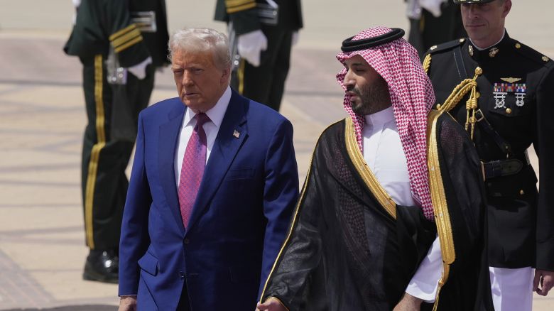 President Donald Trump speaks with Saudi Crown Prince Mohammed bin Salman during an arrival ceremony at the Royal Terminal of King Khalid International Airport in Riyadh, Saudi Arabia, Tuesday, May 13, 2025